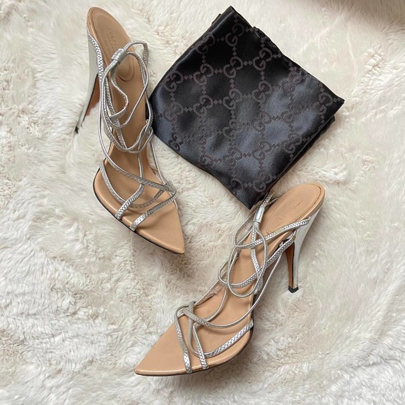 Authentic Silver Strappy Gucci Heels with Dustbag Size 37 1/2 - Picture 3 of 4